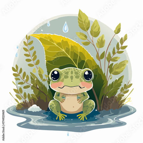 Ein kleines Froschjunges sitzt geschützt unter einem Blatt