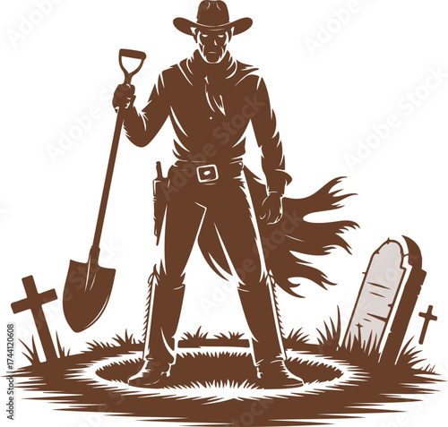 Silhouette Cowboy Digging Grave with Shovel Western Concept Illustration