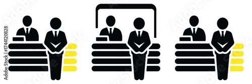 Customer service desk vector icon with counter symbol on white background. Minimal flat design representing help desk, support service, reception, and client assistance in professional environments