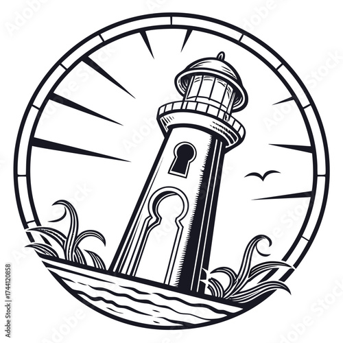 A black and white lighthouse illustration