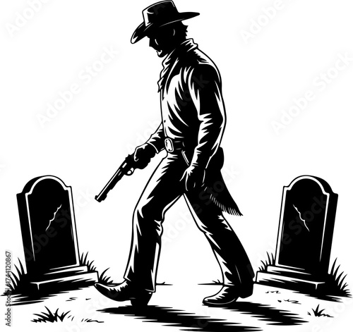 Western Showdown Cowboy with Gun Walking Past Tombstones in Shadowy Silhouette