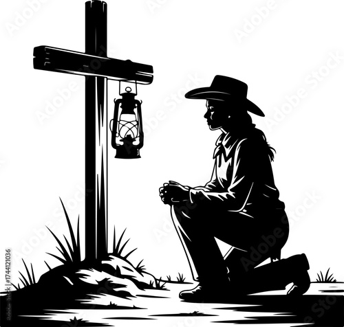 Cowboy Kneeling at a Cross with Lantern, Symbolizing Remembrance and Faith