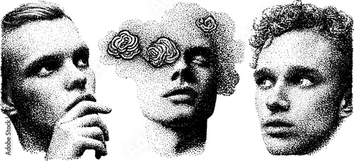 Intricate dotwork stippling art of layered heads with floral elements for creative design