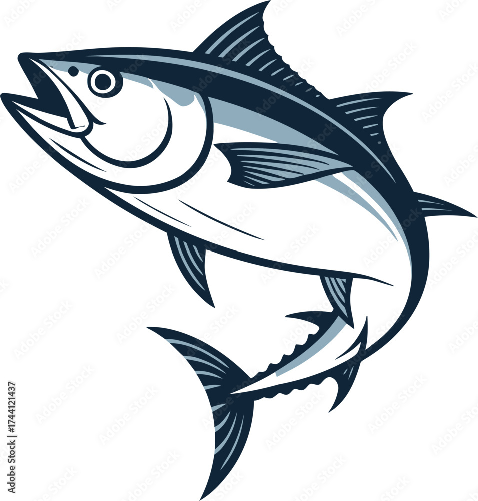 Fototapeta premium Dynamic tuna fish illustration leaping out of the water showcasing power and grace suitable for seafood restaurants fishing tournaments or ocean themed graphics designs