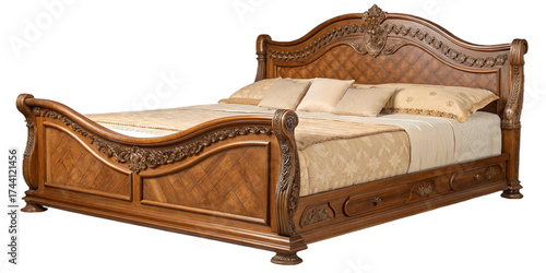 Luxurious wooden king size bed with carved details isolated on transparent background