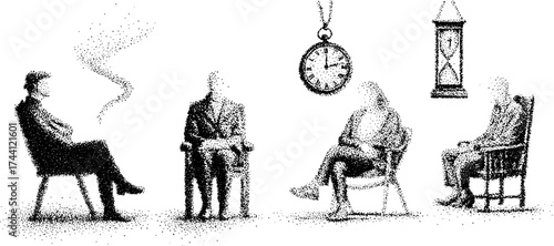 Dotwork stippling art of seated figures with clocks for timeless design concepts