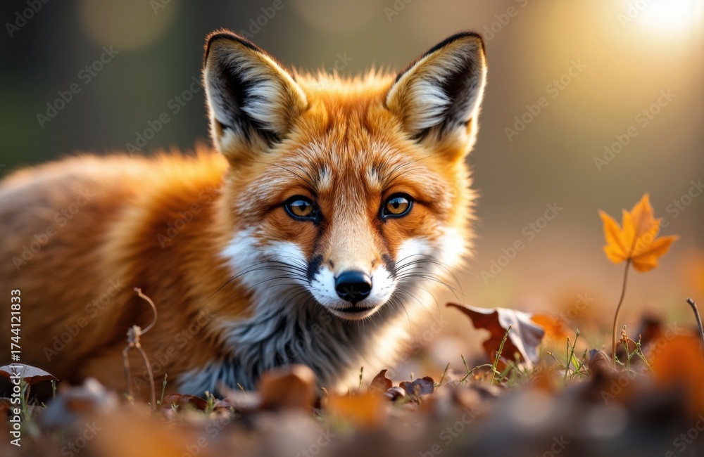 Obraz premium Red fox lying on autumn leaves in a forest setting with warm sunlight illuminating its face