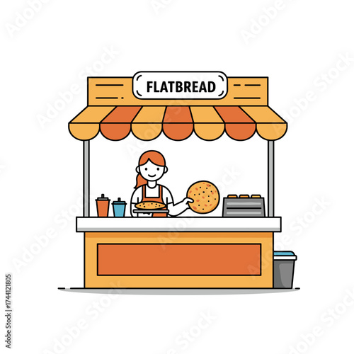 Flatbread vendor serving food at a colorful food stall  