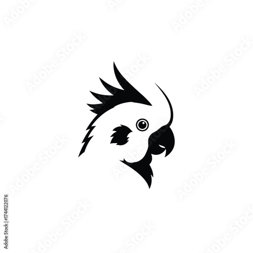 Black parrot silhouette logo on white background Keywords: parrot, bird, cockatoo, silhouette