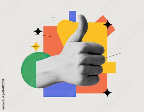 abstract collage with hand showing thumbs up against colorful geometric shapes