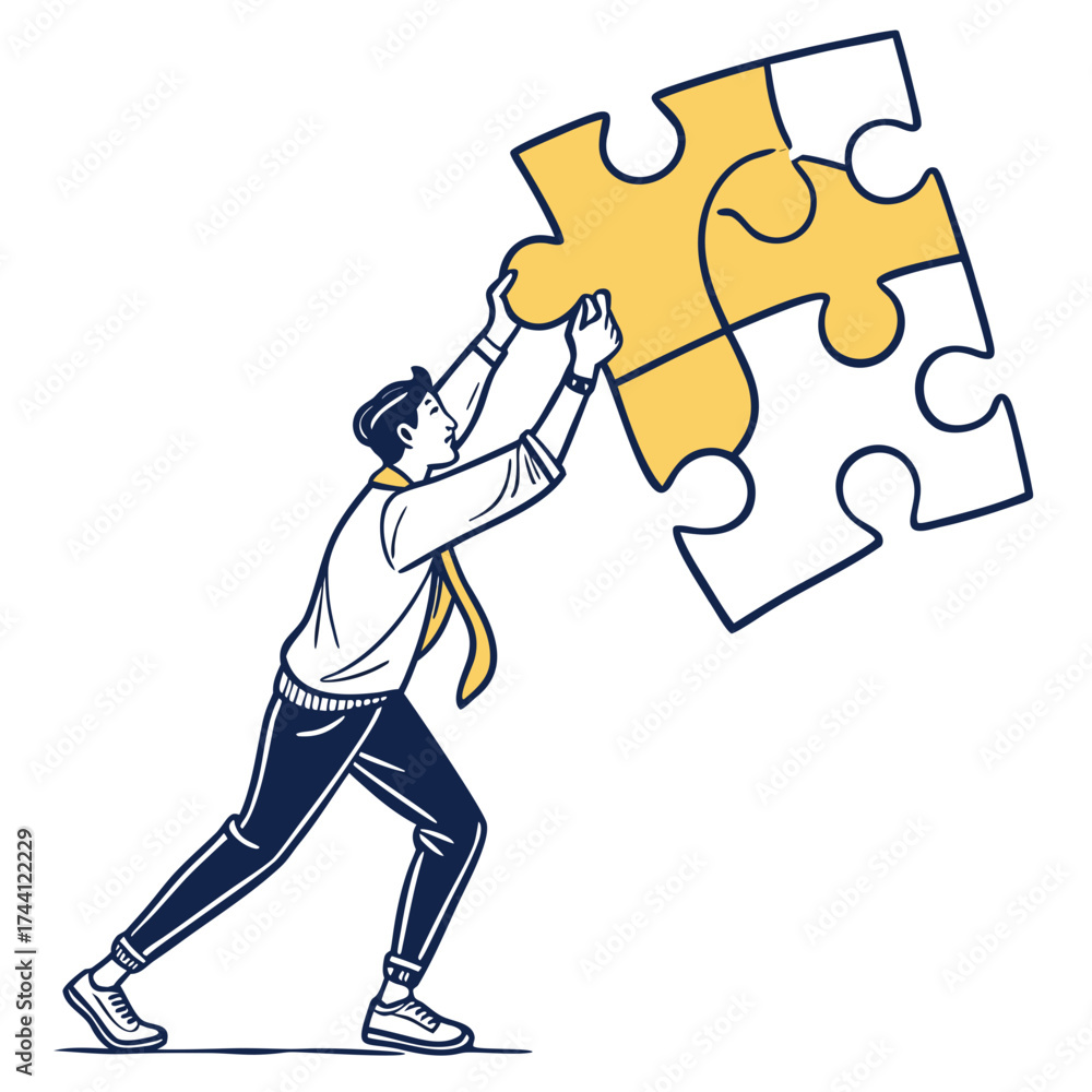 Fototapeta premium Man holding puzzle pieces in line art style