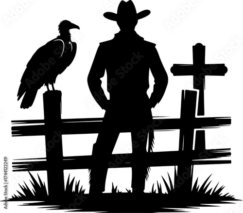Lone cowboy and vulture silhouette at a western gravesite with a wooden cross