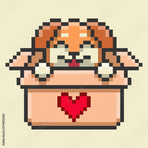 Adorable pixel art of a happy dog peeking out of a cardboard box with a heart symbol. This charming 8-bit illustration is a perfect symbol for pet adoption, charity, and love for animals