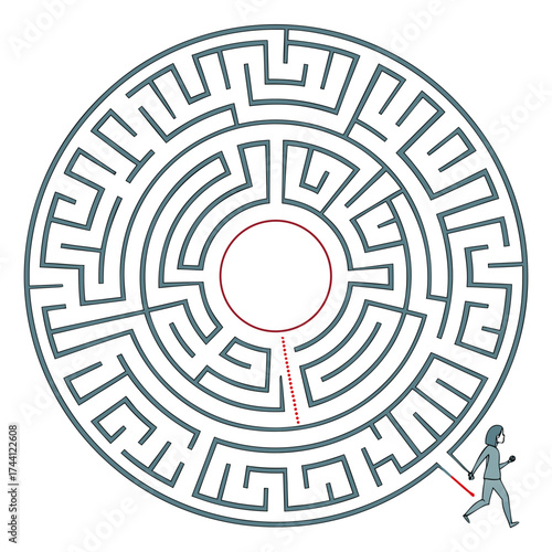 Person running through a maze, trying to find the center