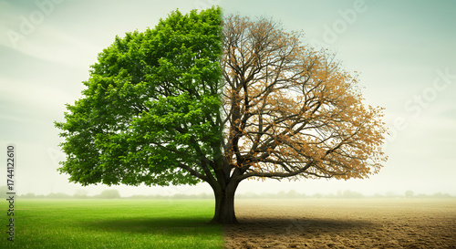 Climate Change Concept – Half Green Half Dry Tree Landscape