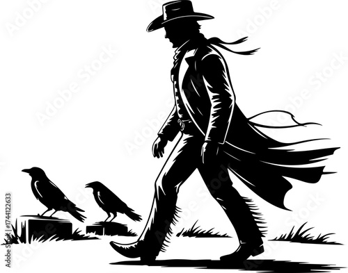 Cowboy in silhouette with two crows in black and white design