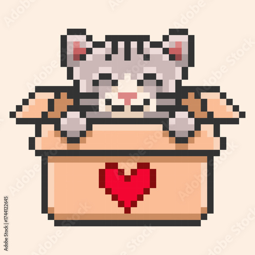 Adorable pixel art of a happy cat peeking out of a cardboard box with a heart symbol. This charming 8-bit illustration is a perfect symbol for pet adoption, charity, and love for animals
