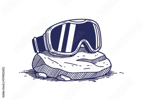 Ski goggles resting on a snow-covered rock, showcasing winter sports gear and outdoor adventure, perfect for winter activities and seasonal exploration