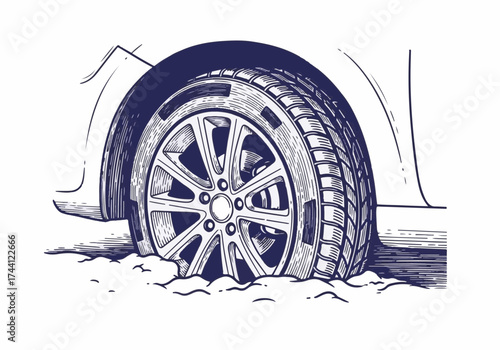 Car tire stuck in snow, showcasing detailed tread patterns and surrounding snow texture, illustrating winter driving challenges and vehicle performance in harsh conditions