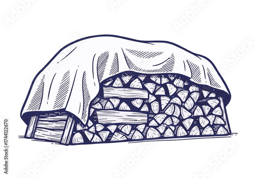 Stacked firewood covered with a protective tarp, showcasing a winter preparation scene, emphasizing warmth and coziness during cold months with rustic charm