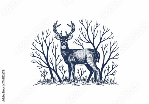Majestic deer standing gracefully among bare trees and tall grass, showcasing winter wilderness beauty and serene natural environment with captivating details