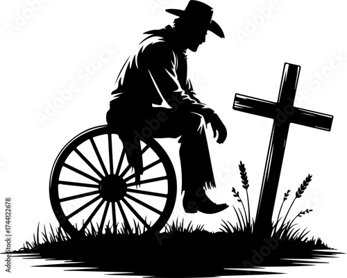 Silhouette of a grieving cowboy mourning at a graveside cross in the old west