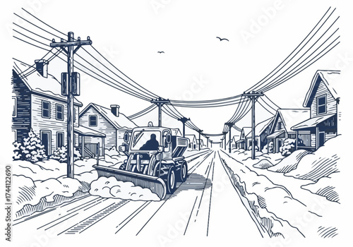 Snowplow clearing a residential street covered in snow, surrounded by houses and power lines, showcasing winter maintenance and community care in a snowy landscape
