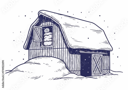 Snow-covered wooden barn with a window displaying hay bales, surrounded by a winter landscape, evoking a serene and cozy seasonal atmosphere