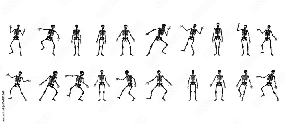 Naklejka premium Dancing Skeletons Vector Illustration – Halloween Bones Icon Set on White Background