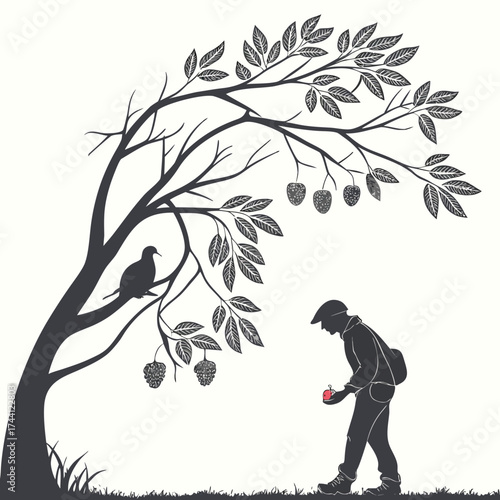 Silhouette of a man picking fruit from a tree