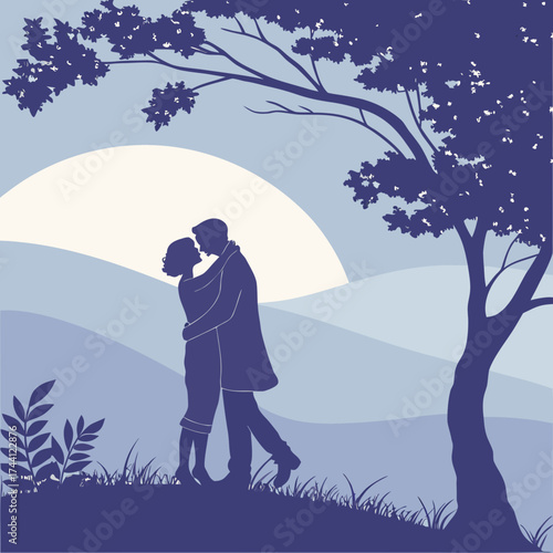 Silhouette of loving couple embracing in nature with tree and sunset background