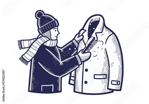 Person wearing winter clothing, preparing to put on a warm coat, surrounded by snowy landscape, showcasing seasonal fashion and comfort in cold weather