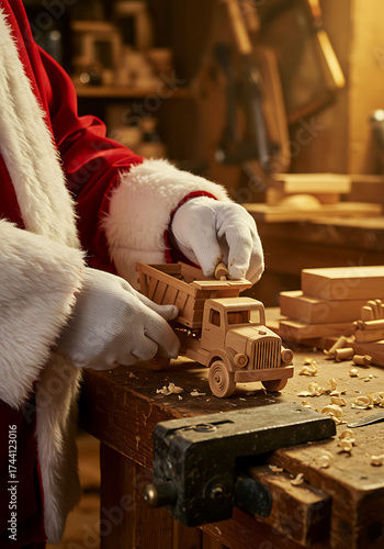 Christmas santa building toy, christmas wooden truck in festive workshop
