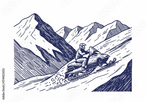 Snowmobile rider navigating through snowy mountain terrain, showcasing winter adventure and excitement, with majestic peaks and pristine snow in the background, capturing the essence of winter sports
