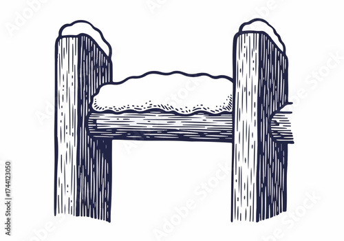 Wooden bench covered in snow, surrounded by winter landscape, showcasing rustic charm and tranquility in a serene outdoor setting with copy space