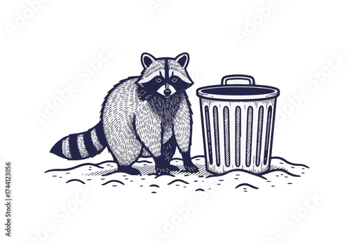Raccoon standing beside a trash can in a snowy environment, showcasing its curious nature and adaptability in winter conditions, with a focus on wildlife behavior