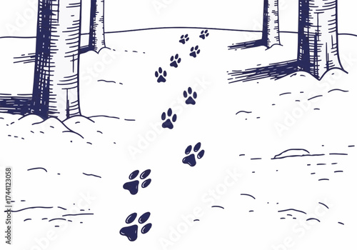 Paw prints leading through a snowy winter landscape, surrounded by tall trees, creating a serene and tranquil atmosphere in a nature scene with winter vibes