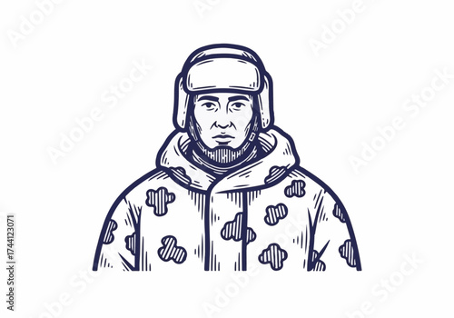 Winter illustration of an Asian man wearing a warm, patterned coat and hat, showcasing a cozy outdoor atmosphere with snowflakes and chilly weather concept