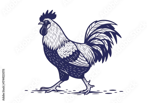 Detailed illustration of a proud rooster with intricate feather patterns, showcasing vibrant plumage and a confident stance, symbolizing rural life and farm culture