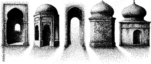 Minimalist dotwork shrine set - architectural stipple art for design and decor