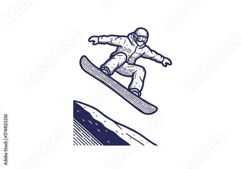 Snowboarder in winter gear performing a jump over a snowy slope, showcasing dynamic movement and excitement in a winter sports environment with copy space