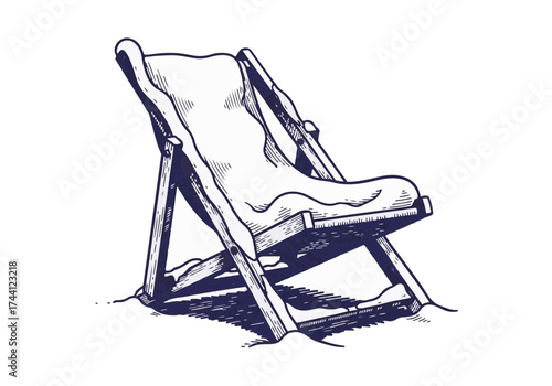 Vintage wooden deck chair illustration, designed with a soft fabric seat, resting on a sandy beach, evoking a serene and relaxing summer atmosphere with copy space