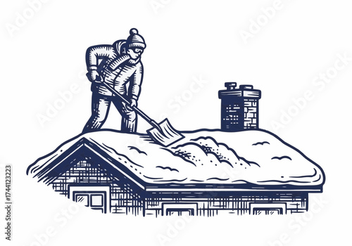 Man shoveling snow from a rooftop, wearing warm clothing, showcasing winter maintenance work, with a chimney and snow-covered house in the background, emphasizing seasonal tasks
