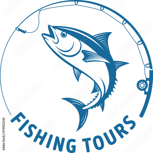 Fishing Tours Logo Featuring a Tuna Fish and Fishing Rod in a Circular Design Promoting Outdoor Adventures and Marine Life Exploration for Travel and Tourism