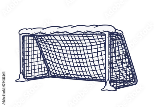Winter soccer goal covered in snow, showcasing a snowy scene with a net and icy ground, representing the beauty of winter sports and outdoor activities