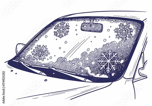 Car windshield covered with snowflakes and frost, showcasing winter scenery, capturing the essence of cold weather and seasonal beauty with intricate details