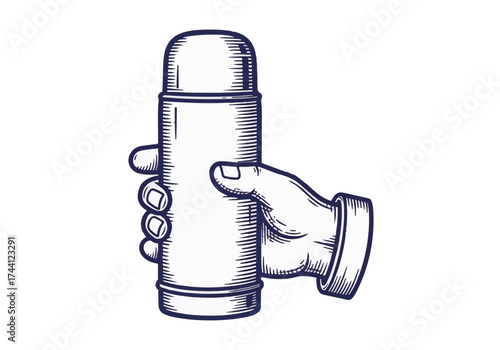 Hand holding a vintage thermos with a sleek design, showcasing the classic shape and texture, ideal for winter outdoor activities and warm beverages