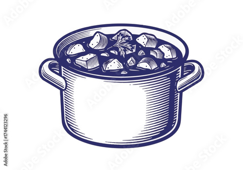 Pot filled with hearty winter stew, showcasing vibrant vegetables and tender meat, simmering in a rustic kitchen, evoking warmth and comfort during cold months