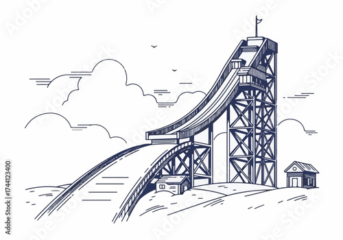 Winter-themed ski jump structure with a ramp, surrounded by snow-covered hills and clouds, showcasing the excitement of winter sports and outdoor activities