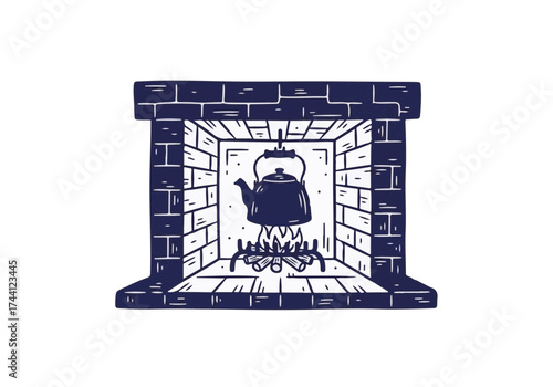 Cozy fireplace scene with a kettle boiling over flames, surrounded by rustic stone walls, evoking warmth and comfort during winter evenings with inviting ambiance